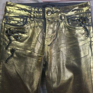 Gold Metallic Skinny Jeans With Rhinestone Embellishment By Døshe Women's Size 2